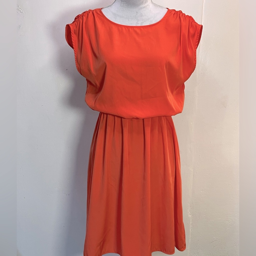#0155 Mossimo Orange Elastic Waist Zip Back Dress w/ Gathers across Shoulders-S